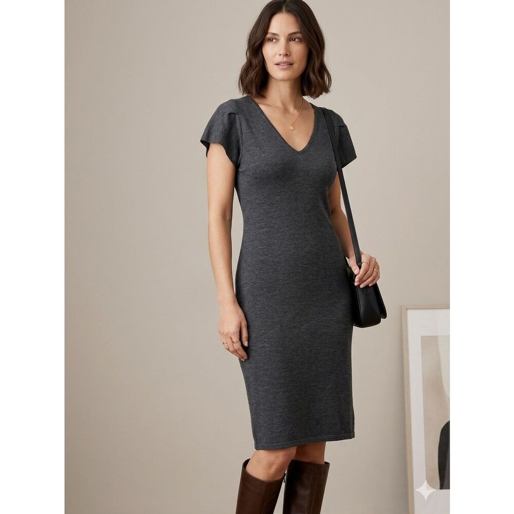J. Jill Italian Merino Wool V-Neck Dress Charcoal Gray XS